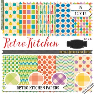 Retro Cooking Papers, Baking papers, Food papers, Fruit Paper, Digital Paper, Scrapbook Paper,  Instant Download, Kitchen Papers