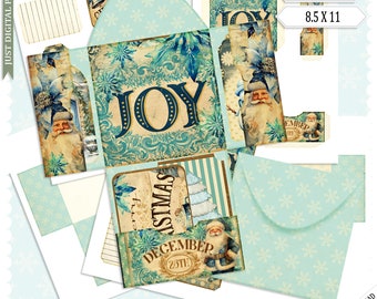 Vintage Christmas Blue Folder Card Printable Kit – Joy & Peace Holiday Stationery, Retro Snowflake Design, 8.5x11 Digital Download PDF/JPG