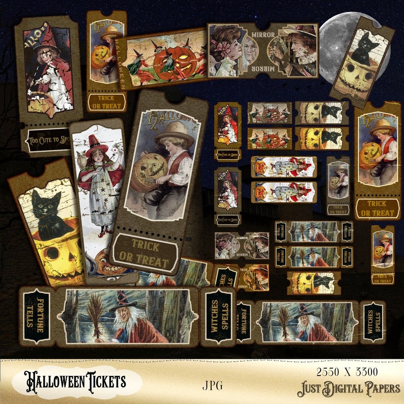 May include: A collection of vintage-style Halloween tickets with various illustrations. The tickets feature images of witches, children with pumpkins, black cats, and the text "Trick or Treat". The color palette includes brown, orange, and black.