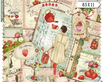 May include: A digital scrapbooking kit featuring a strawberry theme. The kit includes a variety of images, such as strawberries, flowers, and a girl in a white dress. The kit also includes text elements, such as "Strawberry Dreams Journal Kit" and "Just Digital Papers".