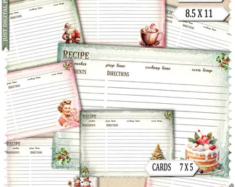 Retro Christmas Printable Recipe Cards – Vintage Holiday Baking Templates, Festive Kitchen Gift, Nostalgic Christmas Cooking Journal Pages