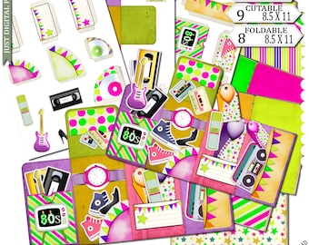 Retro 1980s Printable Journal Kit – Neon Scrapbook Papers, Cassette & Roller Skate Digital Download