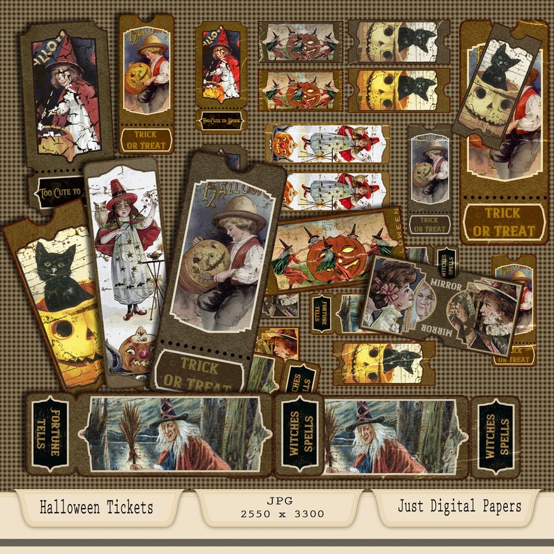 May include: A collection of vintage-style Halloween tickets with various illustrations. The tickets feature images of children with pumpkins, witches, black cats, and the text "Trick or Treat". The color palette includes brown, orange, and black.