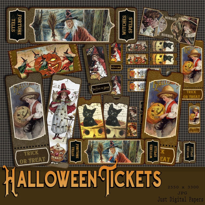 May include: A collection of vintage-style Halloween tickets with various illustrations. The tickets feature images of witches, children with jack-o'-lanterns, and black cats. Text includes "Trick or Treat," "Fortune Tells," and "Halloween Tickets."