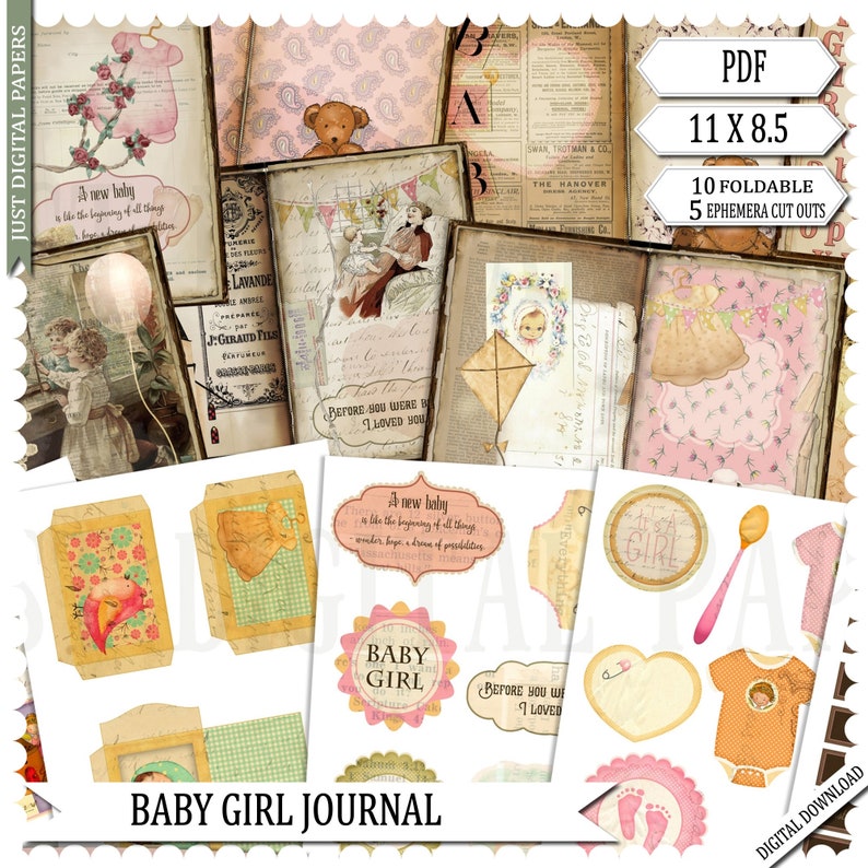 Baby Girl Journal , Baby Kit Printable, Scrapbook, Ephemera, Printable Journal, DIY Journal, DIY ...
