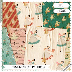 Papiers de tâches ménagères, journal grunge, album de nettoyage, papiers, papiers de corvées, imprimable, journal indésirable, papiers des années 50, téléchargement numérique, lot de 3