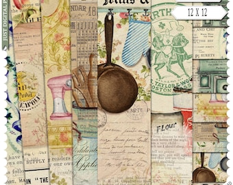 8 kitchen Papers, Journal, Vintage Scrapbook, Papers, Vintage Papers, Printable Papers, Cooking Papers, Digital Download, Jpg, Ver 2