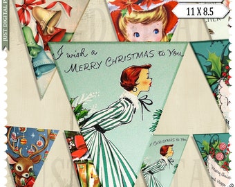 Retro Christmas Bunting Printable – Vintage Holiday Banner, Mid‑Century Christmas Party Decor, Digital Download PDF/JPG