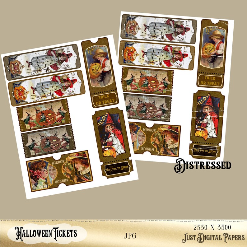 May include: A collection of distressed Halloween tickets with vintage illustrations. The tickets feature images of children with pumpkins, witches, and the words "Trick or Treat" and "Too Cute to Spook". The words "Halloween Tickets" are at the bottom.