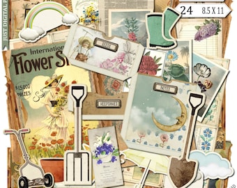 Vintage Garden Journal Kit – 24 Printable Junk Journal Pages, Botanical Digital Papers, Flower Ephemera, Gardening Scrapbook Kit