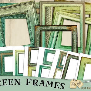 May include: A collection of green picture frames in various sizes and styles. The frames have a distressed, vintage look with shades of teal, olive, and gold. The text "GREEN FRAMES" is displayed at the bottom of the image.