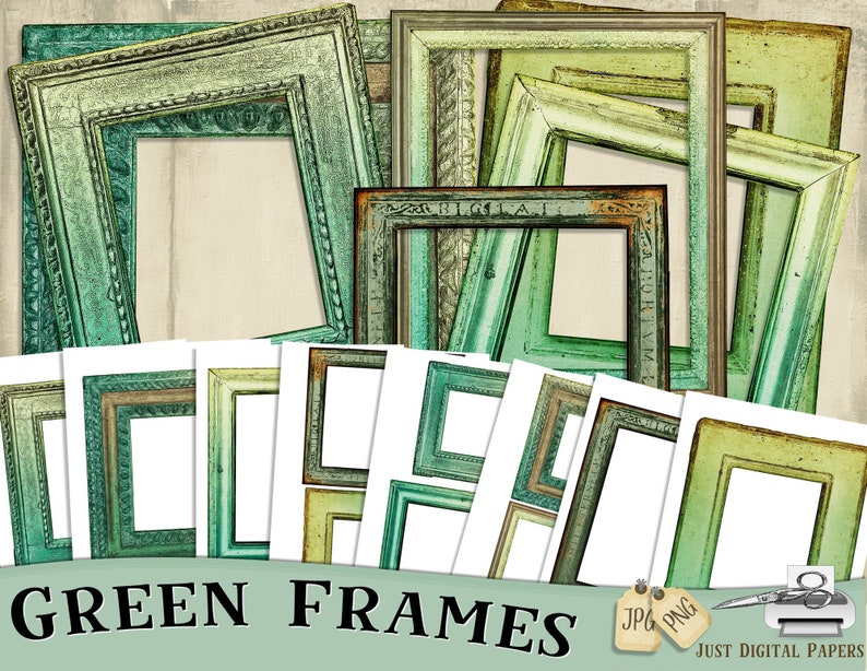 May include: A collection of green picture frames in various sizes and styles. The frames have a distressed, vintage look with shades of teal, olive, and gold. The text "GREEN FRAMES" is displayed at the bottom of the image.