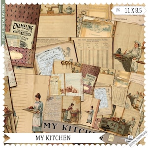 Diário de cozinha, Diário de receitas, Meu diário de cozinha, Scrapbook de cozinha, Papéis, Culinária, Imprimível. Papéis de ontem, Download digital