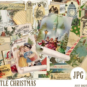 May include: A collage of vintage Christmas ephemera, including tags, postcards, and labels. The items feature illustrations of carolers, holly, and winter scenes. Text includes "A Happy Christmas" and "Merry Christmas!"