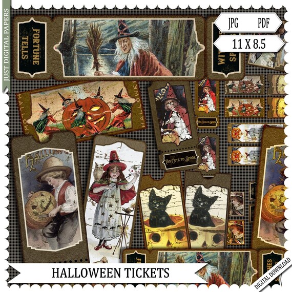 Halloween tickets,Halloween Printable Tickets,  Vintage Tags, Retro Tickets, Party Decorations Digital Download, pdf. jpg