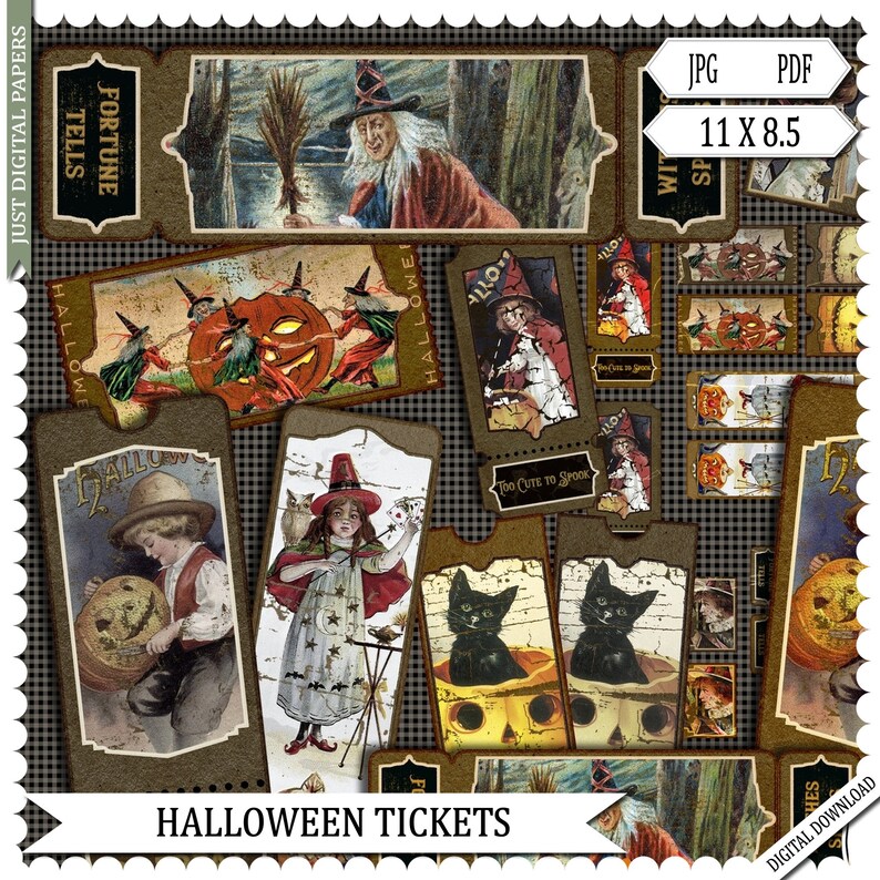 May include: A collection of vintage-style Halloween tickets with illustrations of witches, pumpkins, and children in costumes. The tickets feature text like "Fortune Tells" and "Too Cute to Spook." The image is labeled "Halloween Tickets" and is 11 x 8.5 inches.