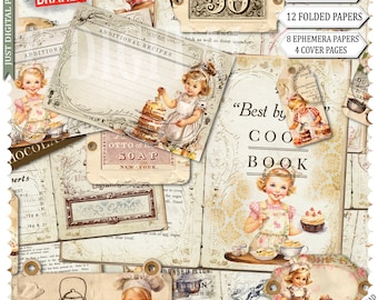 Little Miss Cook Journal – Vintage Recipe Scrapbook Kit, Retro Baking Ephemera, Printable Cookbook Pages, Digital Download