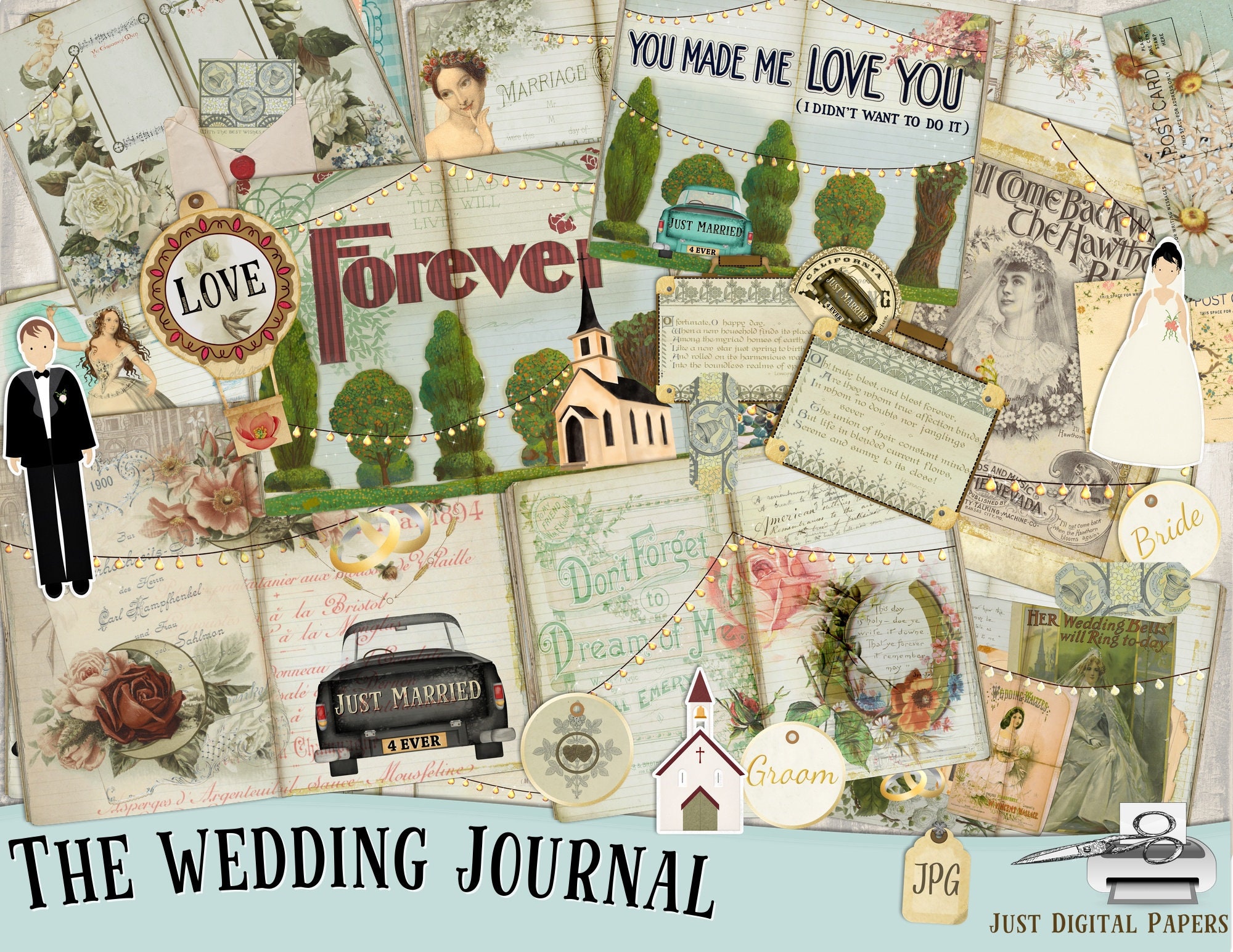 Wedding Digital Paper Pack, Vintage Wedding Scrapbook Paper