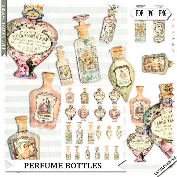 Perfume Bottles, tags, Fragrance , Journal Ephemera,  Scrapbook, Digital, Printable Journal, DIY Journal,  Journal Paper, Collage Sheet,