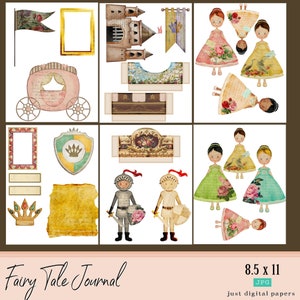 Op de afbeelding: Digitale collagevel met sprookjeselementen. Bevat een roze koets, kasteelonderdelen, poppen in bloemenjurken, ridders, vlaggen, frames en een schild. De tekst "Fairy Tale Journal" staat onderaan. De afbeelding is 21,6 x 27,9 cm groot.