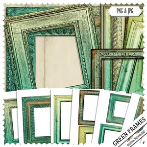 May include: A collection of green picture frames in various styles, including ornate and rustic designs. The frames are in shades of green, with some showing signs of wear. The image includes the text "PNG & JPG" and "GREEN FRAMES DIGITAL DOWNLOAD".
