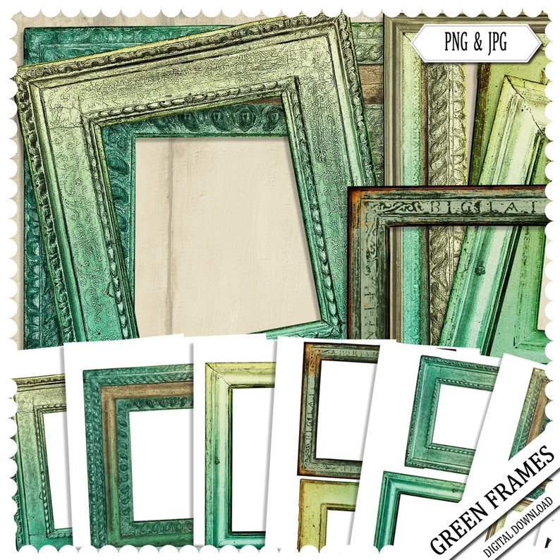 May include: A collection of green picture frames in various styles, including ornate and rustic designs. The frames are in shades of green, with some showing signs of wear. The image includes the text "PNG & JPG" and "GREEN FRAMES DIGITAL DOWNLOAD".