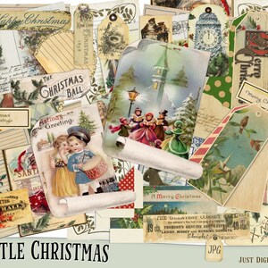 May include: A collage of vintage Christmas ephemera, including tags, postcards, and decorative papers. The items feature illustrations of carolers, winter scenes, and festive greetings. The color palette includes beige, red, green, and blue, with the text "A Little Christmas".