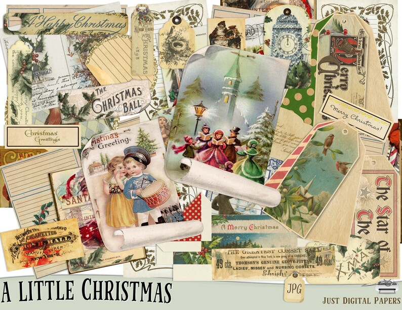 May include: A collage of vintage Christmas ephemera, including tags, postcards, and decorative papers. The items feature illustrations of carolers, winter scenes, and festive greetings. The color palette includes beige, red, green, and blue, with the text "A Little Christmas".