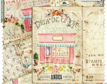 Vintage Ice Cream Digital Paper Pack – Shabby Chic Pastel Ice Cream Shop Scrapbook Backgrounds, Retro Printable Ephemera JPG Set
