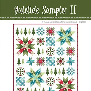 May include: A quilt pattern featuring a variety of Christmas-themed blocks, including stars, trees, and snowflakes. The quilt is made up of 12 blocks, each representing a different month of the year. The quilt is 80 inches by 92 inches.