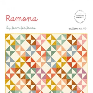 May include: A quilt pattern called "Ramona" by Jennifer Jones. The pattern features a geometric design with a variety of colors, including orange, pink, yellow, green, and blue. The pattern is for a baby, throw, or bed quilt.