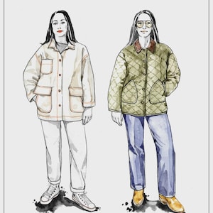 May include: Illustration of two jackets: a cream-colored barn coat and a green quilted jacket. The image includes the text "Fowler" and "Barn Coat + Quilted Jacket" at the top, and "Closet Core PATTERNS" at the bottom.