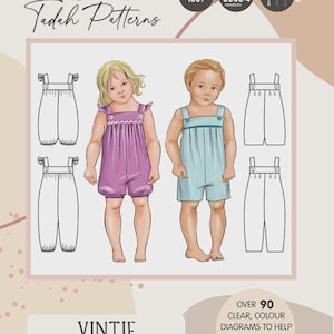 May include: Illustration of a sewing pattern for Vintie overalls. The pattern includes diagrams of the overalls, and images of children wearing the overalls in purple and blue. Text includes "Tadah Patterns", "Sizes 0000-4", and "Over 90 clear, colour diagrams".