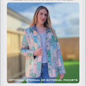 May include: A patchwork jacket pattern with the text "LAURA JACKET +" and "SIZES XL - 6XL". The jacket features a floral and geometric pattern in pastel colors. The pattern includes instructions for using a pre-made quilt and optional pockets. The logo for "Melly and Me" is at the bottom.