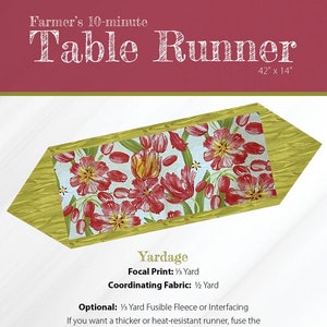 May include: A table runner pattern featuring a floral design with red tulips on a light blue background. The pattern is called "Farmer's 10-minute Table Runner" and measures 42 inches by 14 inches. The pattern is by "Farmer's Daughters Quilts".
