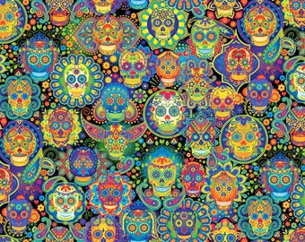 Multi-Colored Sugar Skulls All Over On Black Cotton Fabric, From Timeless Treasures Priced By The HALF Yard NEW