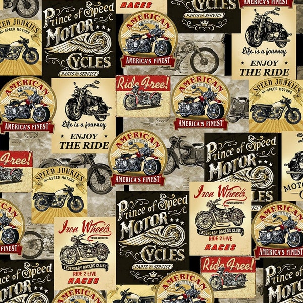 Color Packed Vintage Motorcycle Ads And Signs Cotton Fabric Priced By The HALF Yard From Timeless Treasures NEW, Please See The Description!