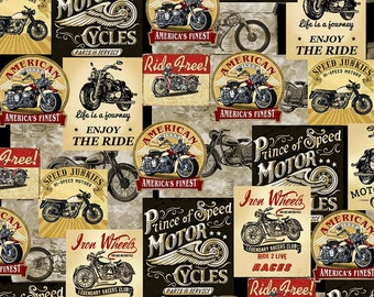 Color Packed Vintage Motorcycle Ads And Signs Cotton Fabric Priced By The HALF Yard From Timeless Treasures NEW, Please See The Description!
