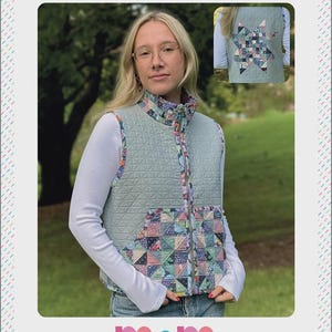 May include: A light green patchwork vest with a colorful floral pattern on the collar, pocket, and trim. The vest has a quilted design and is worn over a white long-sleeve shirt. The text "BRITNEY VEST" is at the top.
