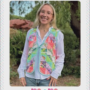May include: A colorful patchwork vest with a variety of geometric shapes and patterns. The vest has a light blue trim and is worn over a white shirt. The text "BRITNEY VEST" is at the top of the image, with "PATCHWORK VEST WITH THREE VARIATIONS (SEE REVERSE)" below it.