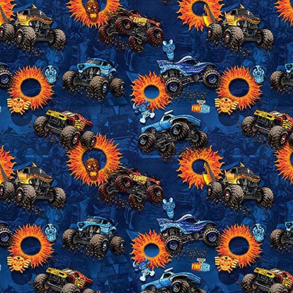 Monster Jam Fire And Ice Monster Trucks All Over On Blue Cotton Fabric, From Sykel Enterprises Priced By The HALF Yard NEW