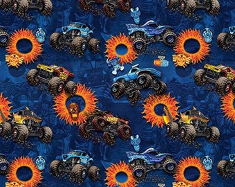 Large Monster Jam Trucks Fire Fabric by Sykel Enterprises - modeS4u