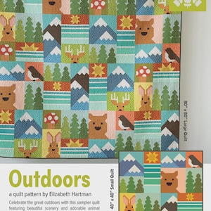 May include: A colorful patchwork quilt with a nature theme. The quilt features squares with images of bears, rabbits, birds, mountains, trees, and mushrooms. The quilt is labeled "Outdoors" and is available in two sizes: 40" x 40" and 80" x 80".