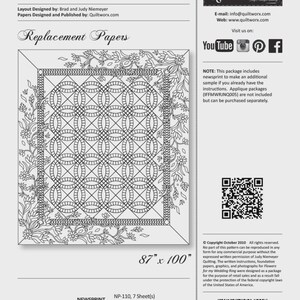 May include: A black and white instructional document titled Flowers for my Wedding Ring, featuring a quilt pattern design with interlocking circles and floral borders. The document includes text, a QR code, a barcode, and dimensions of 87 inches by 100 inches.