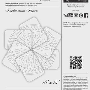 May include: A set of Watermelon Placemats replacement papers by Quiltworx.com, featuring a black and white line drawing of six overlapping fan-shaped segments. The document includes text, a QR code, and dimensions of 18 inches by 13 inches.