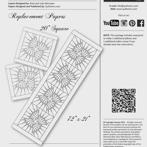 May include: A Rocky Mountain Bear Claw table runner and pillows replacement paper pattern set. The document features black line art illustrations of geometric quilt designs, including two 20-inch square patterns and one 72-inch by 21-inch runner.
