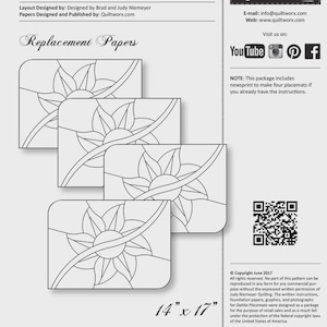 May include: Dahlia Placemats replacement papers by Quiltworx.com featuring a black and white line art floral pattern. The package includes newsprint to make four 14 inch by 17 inch placemats. Includes inventory numbers NP 572 and TP 378.