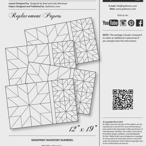 May include: A package of My 2 Baby Sisters placemat replacement papers by Quiltworx.com, featuring geometric quilt patterns on newsprint. The package includes materials for 4 placemats, measuring 12 inches by 19 inches, with inventory numbers listed.