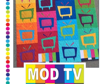 May include: A colorful quilt pattern featuring a repeating design of retro televisions in various colors. The quilt is made up of squares with each square containing a television in a different color. The quilt is titled "MOD TV" and is part of the "colourwerx" collection.