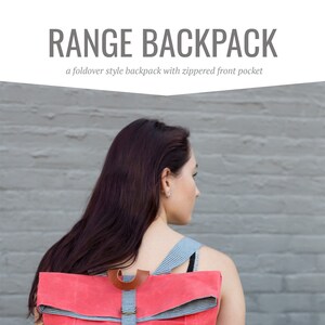 May include: A woman wearing a coral-colored foldover backpack with a zippered front pocket and a gingham strap. The backpack has a denim bottom and a brown leather buckle. The text "noodlehead" is visible at the bottom of the image.